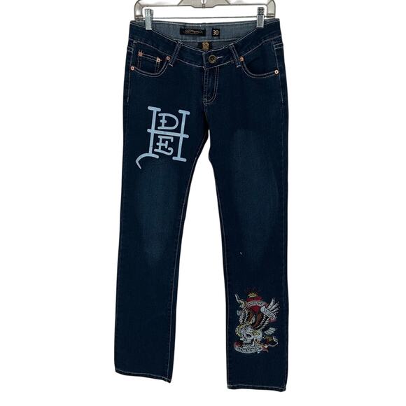 Ed Hardy Jeans Spellout Stretch Beaded Logo Straight Leg 30 Low Rise Y2k Vintage - Picture 1 of 10